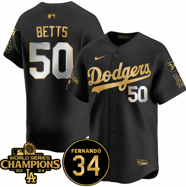 Women's Los Angeles Dodgers #50 Mookie Betts Black/Gold 2024 World Series Champions & Fernando Memorial Patch Vapor Premier Limited Stitched Baseball Jersey(Run Small) Women's Los Angeles Dodgers #50 Mookie Betts Black/Gold 2024 World Series Champions & Fernando Memorial Patch Vapor Premier Limited Stitched Baseball Jersey(Run Small)